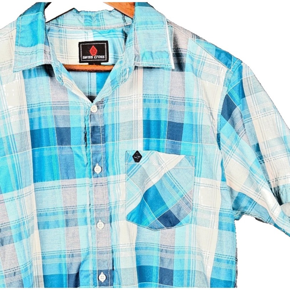 Swiss Cross Plaid Shirt Mens Large Blue Short Sleeve Button Up Casual Pocket